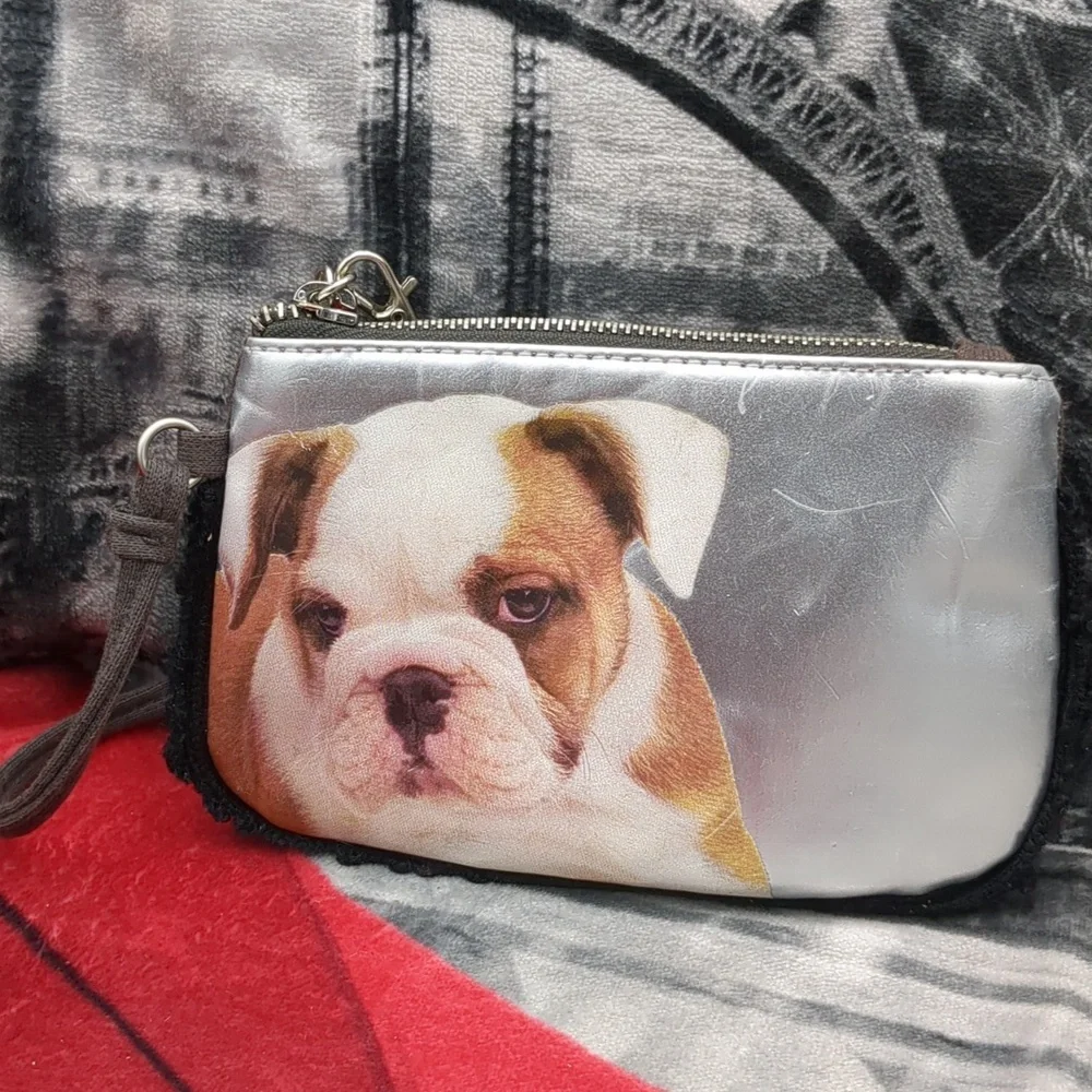 Fuzzy Small Silver And Black Cloth Or Slides A Few Nation Puppy Bulldog Wristlet